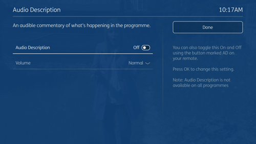 Audio description settings on EE TV