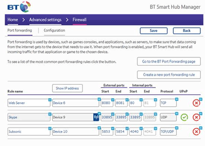 Set up port forwarding on the BT Smart Hub