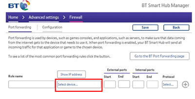 Set up port forwarding on the BT Smart Hub